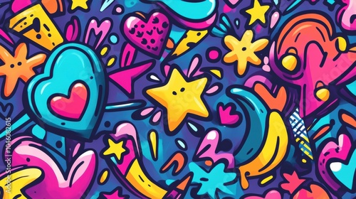 The artwork features a lively collection of colorful icons, including hearts, stars, arrows, and flowers, creating a cheerful atmosphere. Generative AI