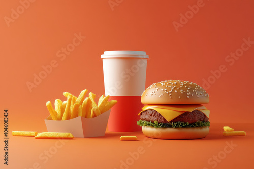 Hamburger, fries, and coffee on a table.