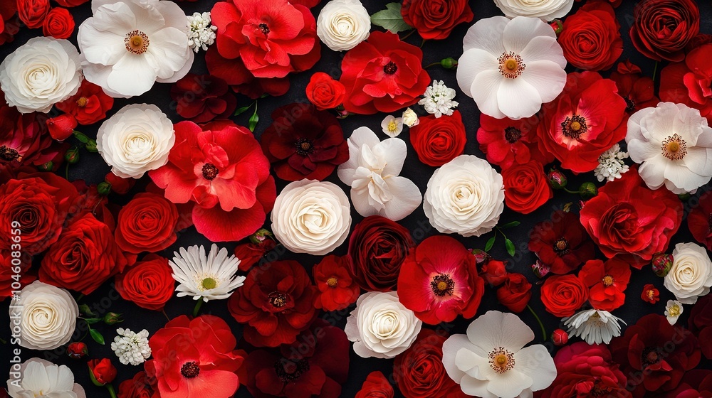A collection of red and white blossoms resting atop a bed of red and white blooms A collection of red and white blossoms resting atop a bed of red and white blooms