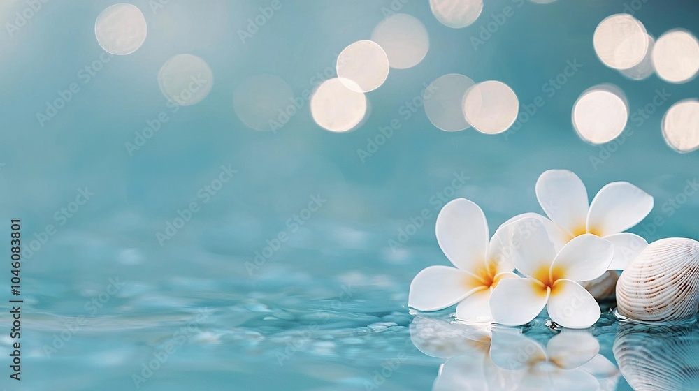 Close-up of a flower and a seashell on a blue background with soft focus from a distance Close-up of a flower and a seashell on a blue background with soft focus from a distance