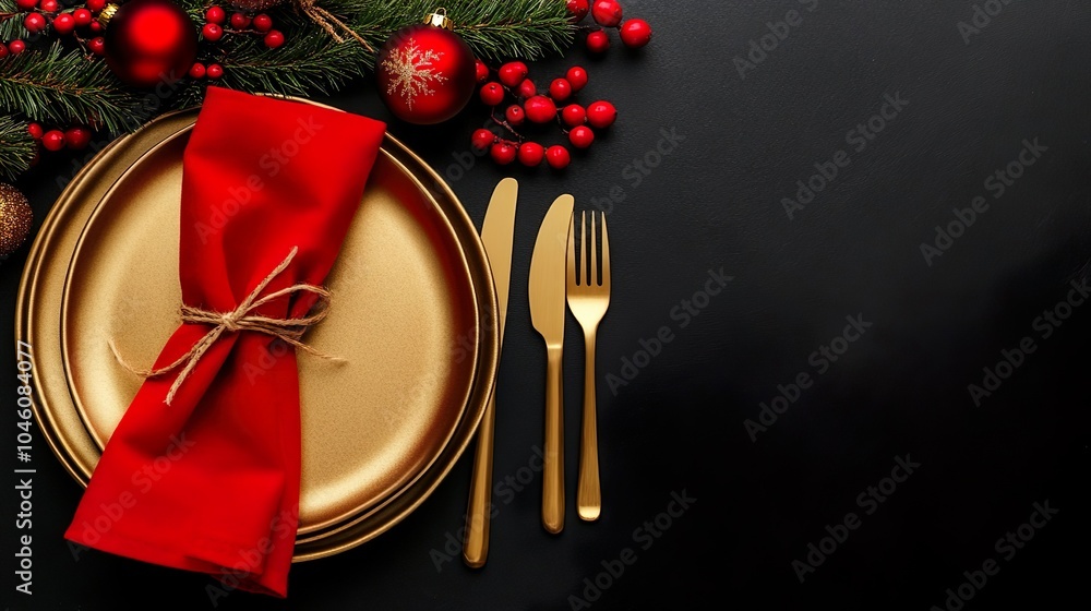 Christmas Table Setting With Red Napkin And Golden Plates For Festive Holiday Celebration Christmas Table Setting With Red Napkin And Golden Plates For Festive Holiday Celebration
