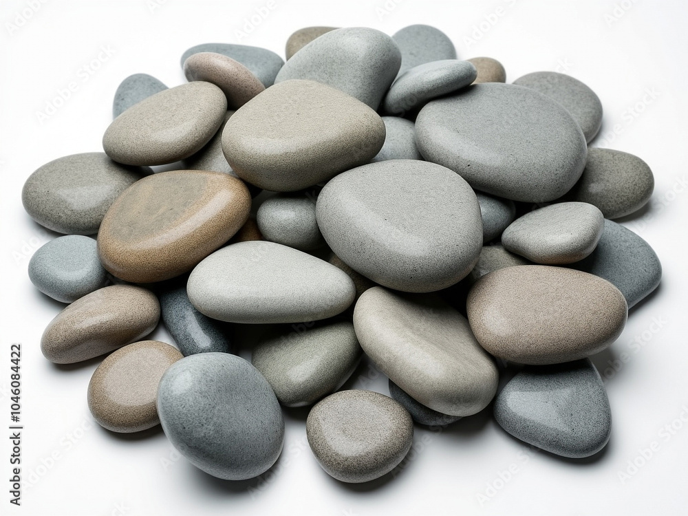 Realistic Smooth Sea Pebbles and Stones on a Uniform Background, Natural Coastal Beauty Realistic Smooth Sea Pebbles and Stones on a Uniform Background, Natural Coastal Beauty