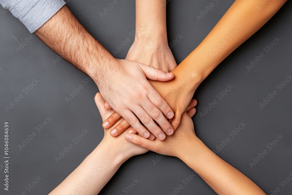 Diverse hands stacked together, symbolizing teamwork and unity on a dark background.