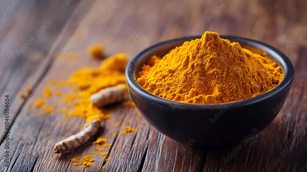 Turmeric powder in a bowl isolated on a wooden table Turmeric powder in a bowl isolated on a wooden table