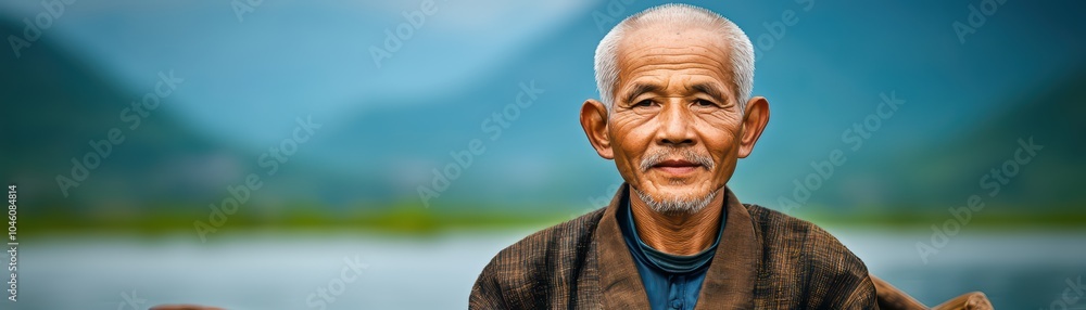 Elderly man in traditional attire, serene expression, beautiful natural background, peaceful portrait. Elderly man in traditional attire, serene expression, beautiful natural background, peaceful portrait.