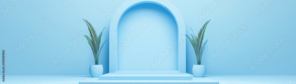 Elegant blue background with decorative plants and an arch feature, perfect for modern designs. Elegant blue background with decorative plants and an arch feature, perfect for modern designs.