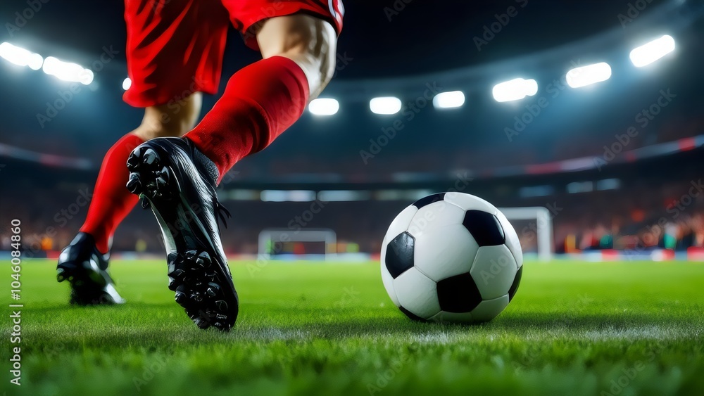 Obraz premium Soccer Player Dribbling Ball - Action Shot, Stadium, Close-Up