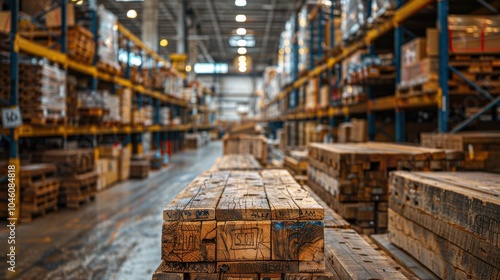 Vast Warehouse with Stacked Wooden Pallets and Industrial Shelving