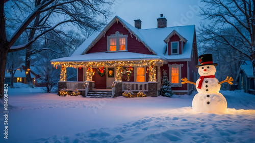 AI-generated images of a Christmas Snowman greeting visitors in front of a charming house with Christmas lights