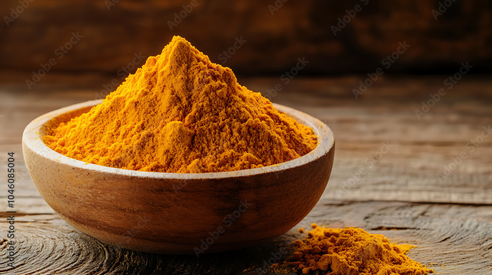 Turmeric Curcuma powder pile in wood bowl isolated on a wooden table Turmeric Curcuma powder pile in wood bowl isolated on a wooden table