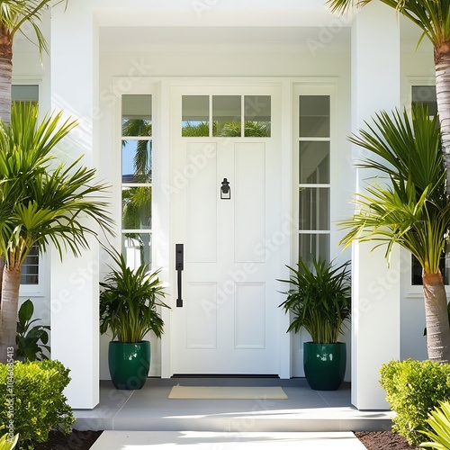 A welcoming, sunlit front door of a modern suburban house, painted in crisp white with flanking tall windows and potted green plants

 