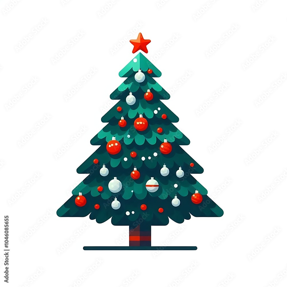 Flat, isolated illustration of a festive Christmas tree adorned with colorful ornaments, lights, and a shining star on top. The tree has a classic triangular shape and vibrant green branches. Flat, isolated illustration of a festive Christmas tree adorned with colorful ornaments, lights, and a shining star on top. The tree has a classic triangular shape and vibrant green branches.