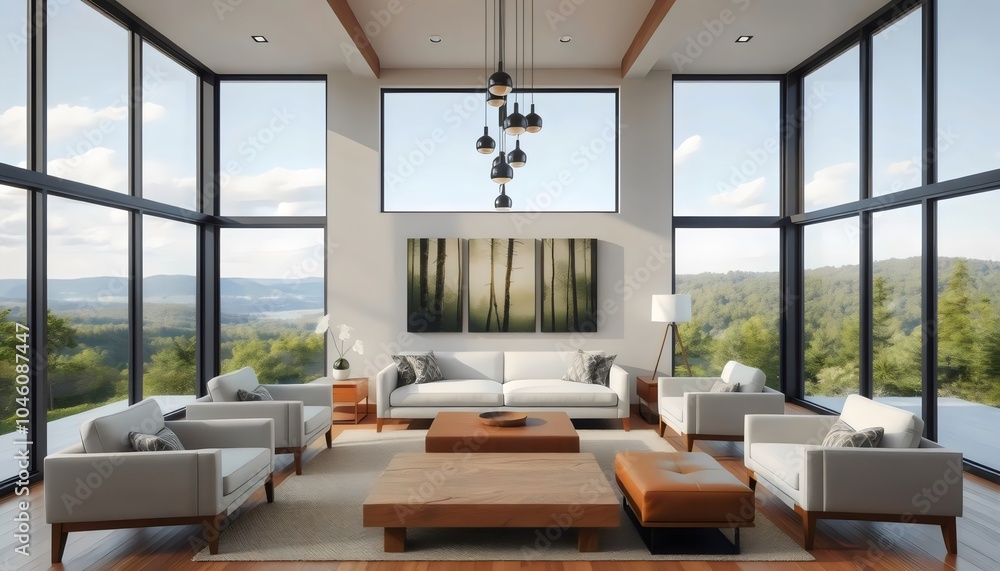 Modern Living Room with Nature View: White Sofa, Large Windows Modern Living Room with Nature View: White Sofa, Large Windows