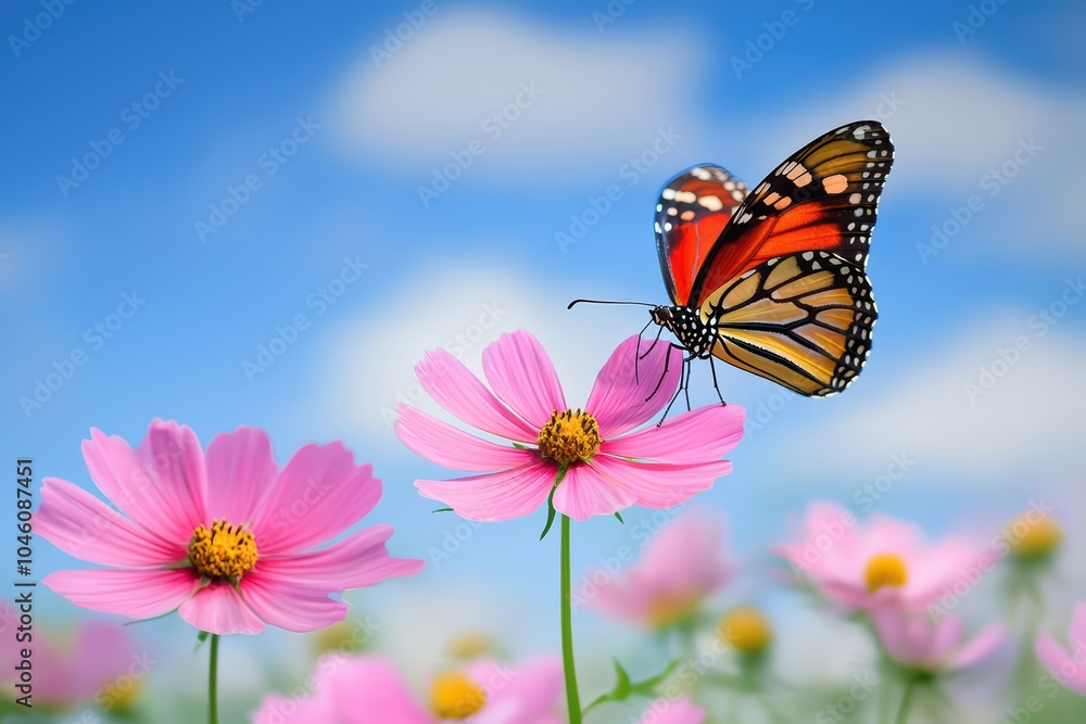 Monarch butterfly resting on pink flowers with a clear blue sky in the background. Monarch butterfly resting on pink flowers with a clear blue sky in the background.