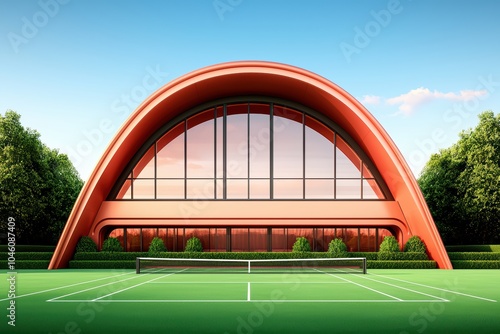 Modern tennis clubhouse with large windows and unique arch design, surrounded by green landscape. photo