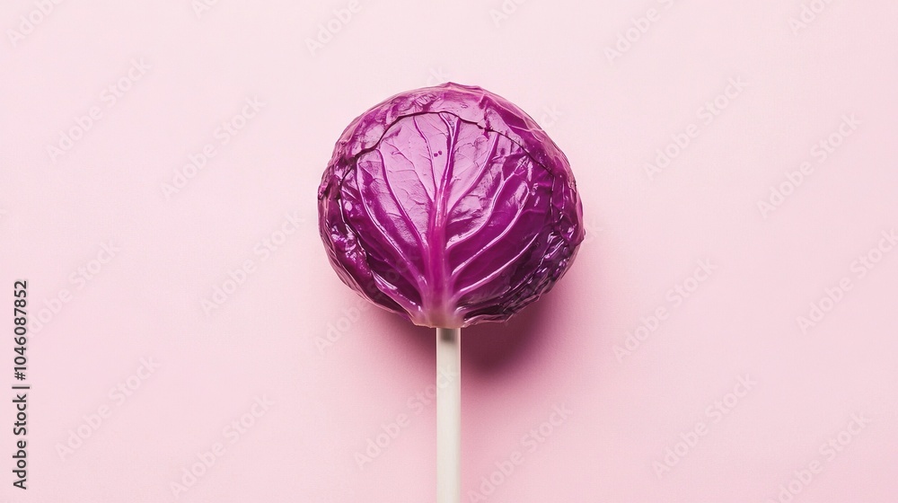 A cabbage sits atop a pink surface with two white sticks emerging from it A cabbage sits atop a pink surface with two white sticks emerging from it