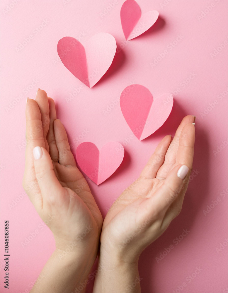 hands holding pink paper hearts fly on soft pink background, border, copy space. Valentine's day concept for design. hands holding pink paper hearts fly on soft pink background, border, copy space. Valentine's day concept for design.
