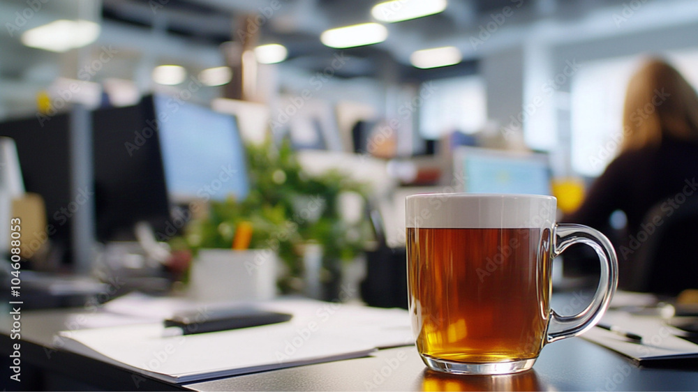 a close up shot of a busy office desk in a corporate office, there is a mug of tea on the desk a close up shot of a busy office desk in a corporate office, there is a mug of tea on the desk