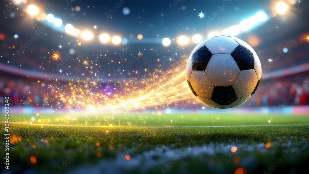 Naklejka premium Soccer Ball in Motion at Stadium - Speed, Light Trails, Night Game