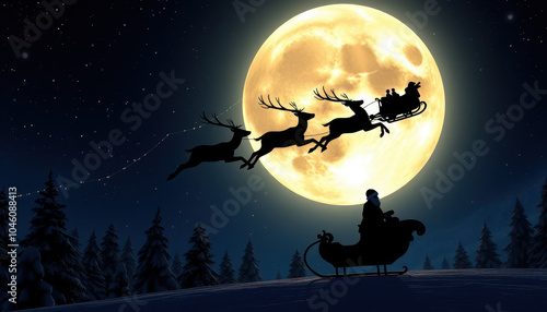 Santa's reindeer flying through the night sky with a full moon in the background, capturing the magic of Christmas Eve.