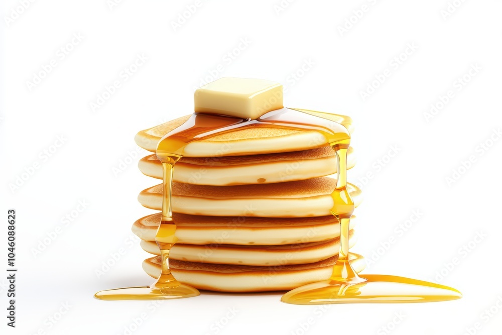 Stack of fluffy pancakes with butter and syrup on a white isolated background. Stack of fluffy pancakes with butter and syrup on a white isolated background.
