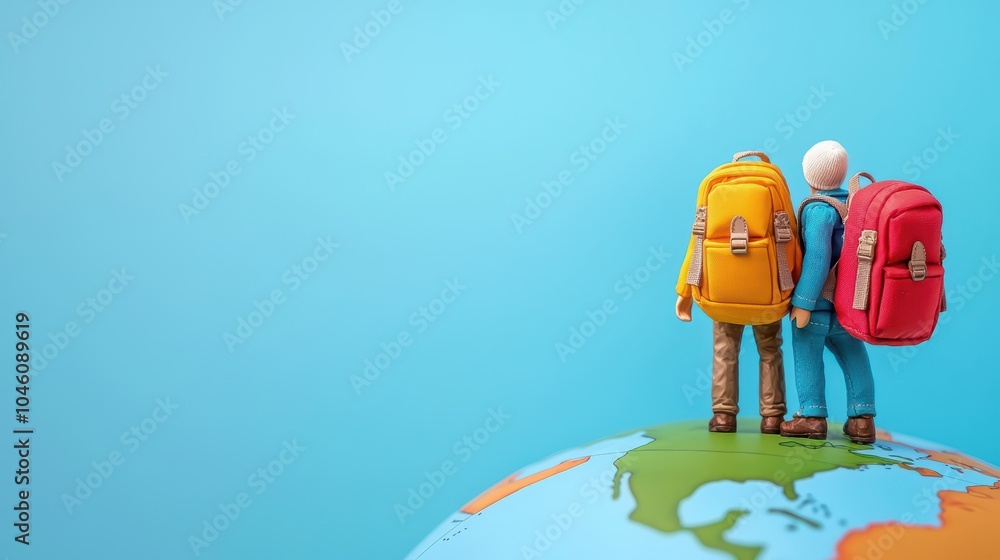 Naklejka premium Two travelers with backpacks stand on a globe against a blue background.