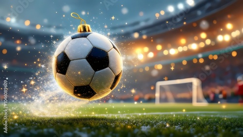 Christmas Soccer Ball Ornament in Stadium - Festive Sports Scene