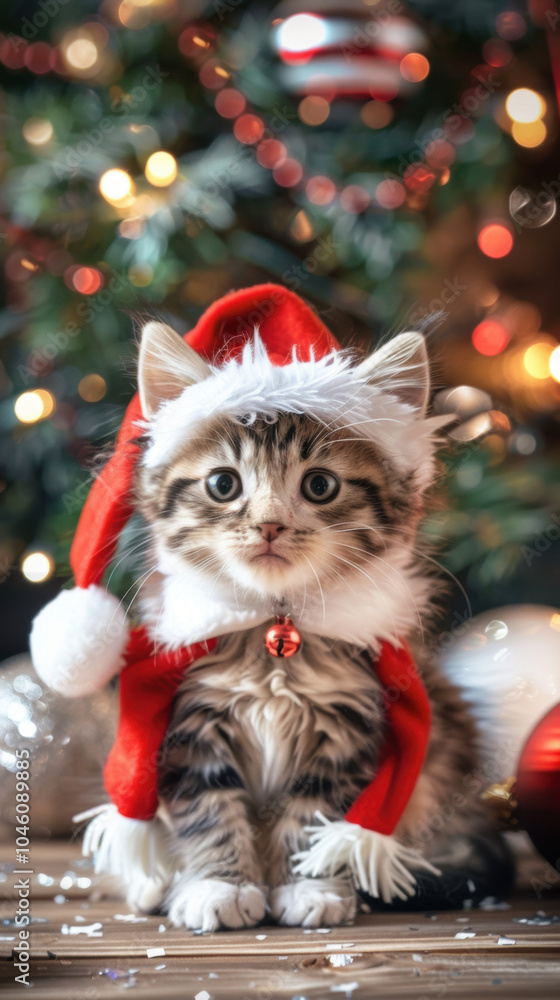 Generative AI A fluffy kitten in a festive Santa hat, nestled under a Christmas tree, makes for a heartwarming holiday decoration. Generative AI A fluffy kitten in a festive Santa hat, nestled under a Christmas tree, makes for a heartwarming holiday decoration.