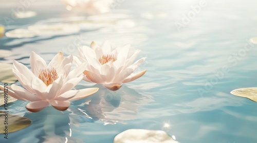 An empty scene featuring blank mockup template of a serene river with lotus flowers gently floating on the surface,