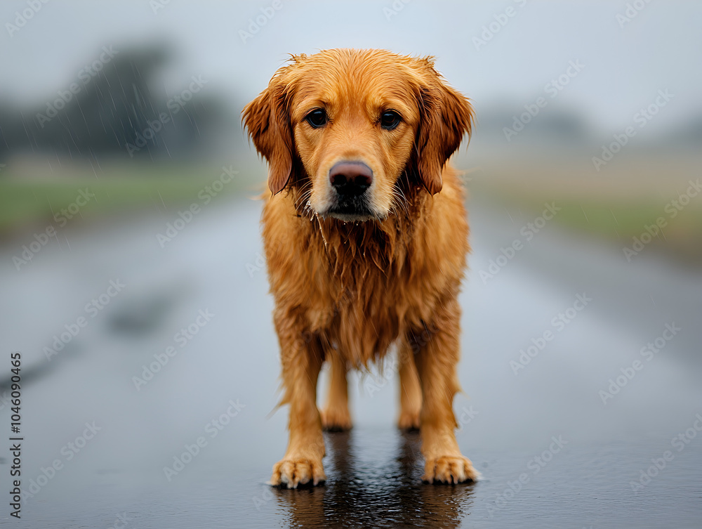 Golden Retriever Standing Outdoors in the Rain with Sad Expression Golden Retriever Standing Outdoors in the Rain with Sad Expression