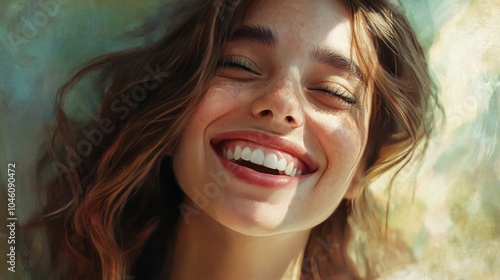 Joyful Woman with Natural Smile in Sunlit Setting