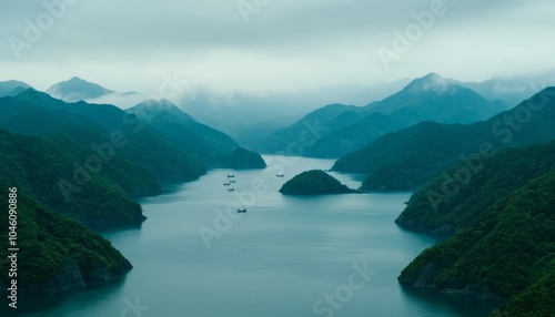 Serene landscape with mountains, water, and boats under a cloudy sky.