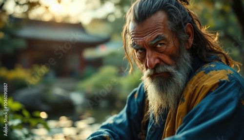 Assis en silence, un vieux sage japonais perçoit chaque instant qui passe, son regard calme captant les secrets de la vie, écoutant l'univers dans une quiétude profonde.