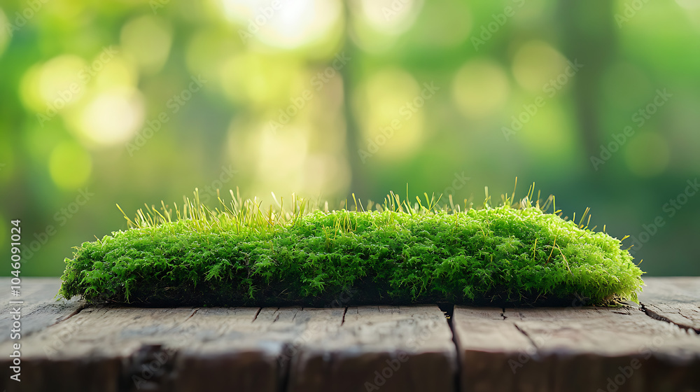 Fototapeta premium Green moss isolated on a wooden table
