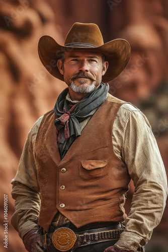 Man in cowboy outfit and hat posing in desert landscape, rugged mountains in background, holding lasso under blue sky with few clouds. photo