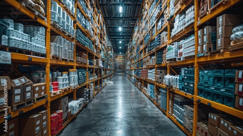 Vast Warehouse Aisle with Tall Shelves and Symmetrical Organization