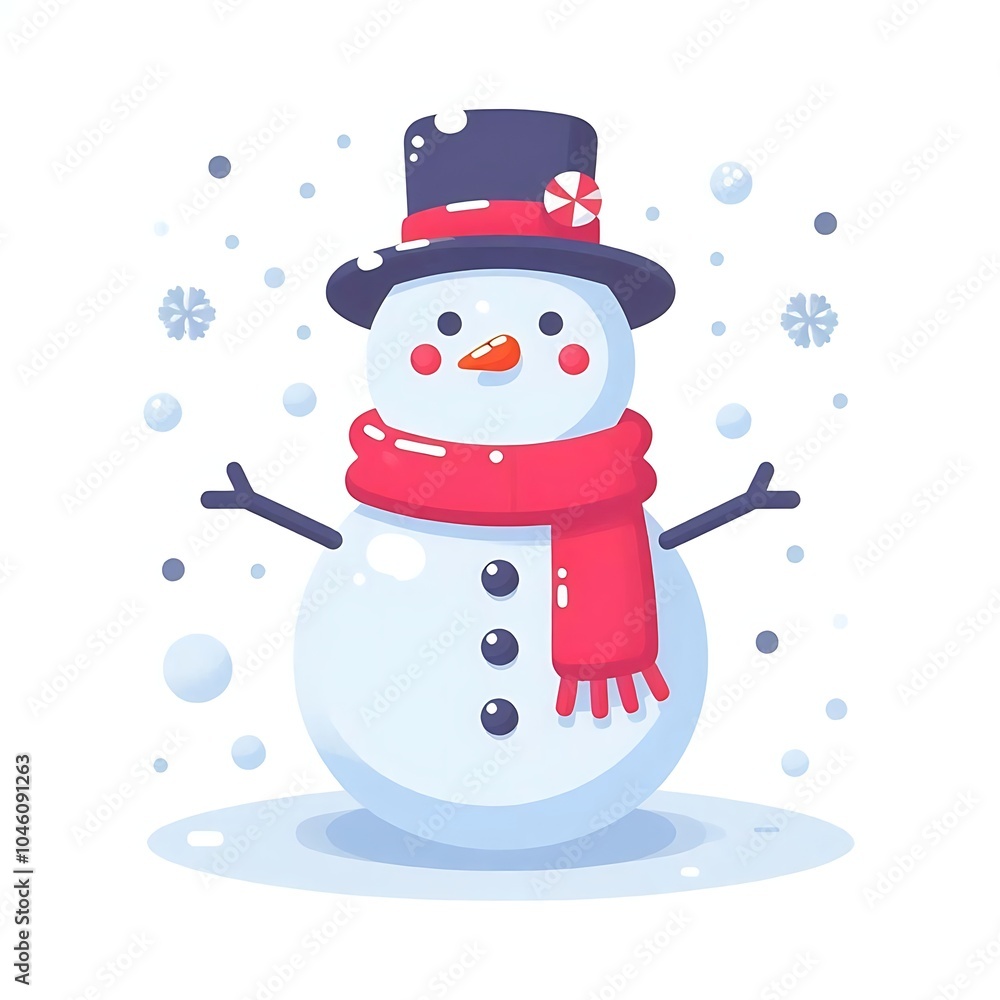 Flat, isolated illustration of a happy snowman wearing a cozy scarf and hat. The simple design features rounded shapes, a carrot nose, and twig arms, set against a clean white background. Flat, isolated illustration of a happy snowman wearing a cozy scarf and hat. The simple design features rounded shapes, a carrot nose, and twig arms, set against a clean white background.