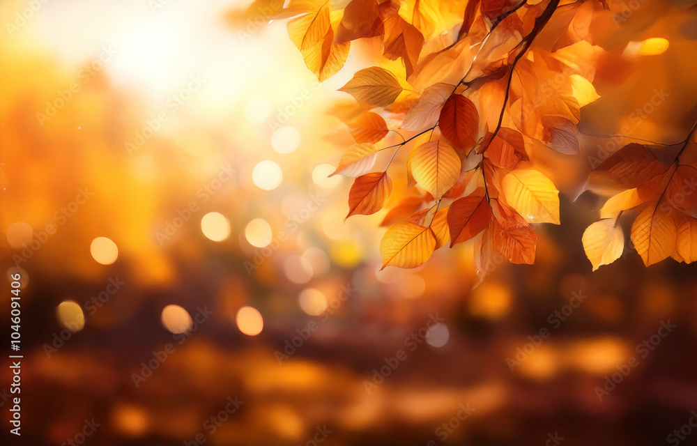 A close-up of vibrant orange leaves on a branch against a soft, blurred background of golden sunlight and autumn foliage. A close-up of vibrant orange leaves on a branch against a soft, blurred background of golden sunlight and autumn foliage.