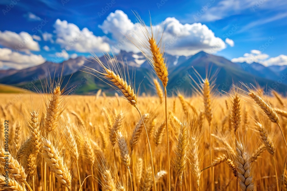 Fototapeta premium Wheat field and blue sky with mountains in the background macro