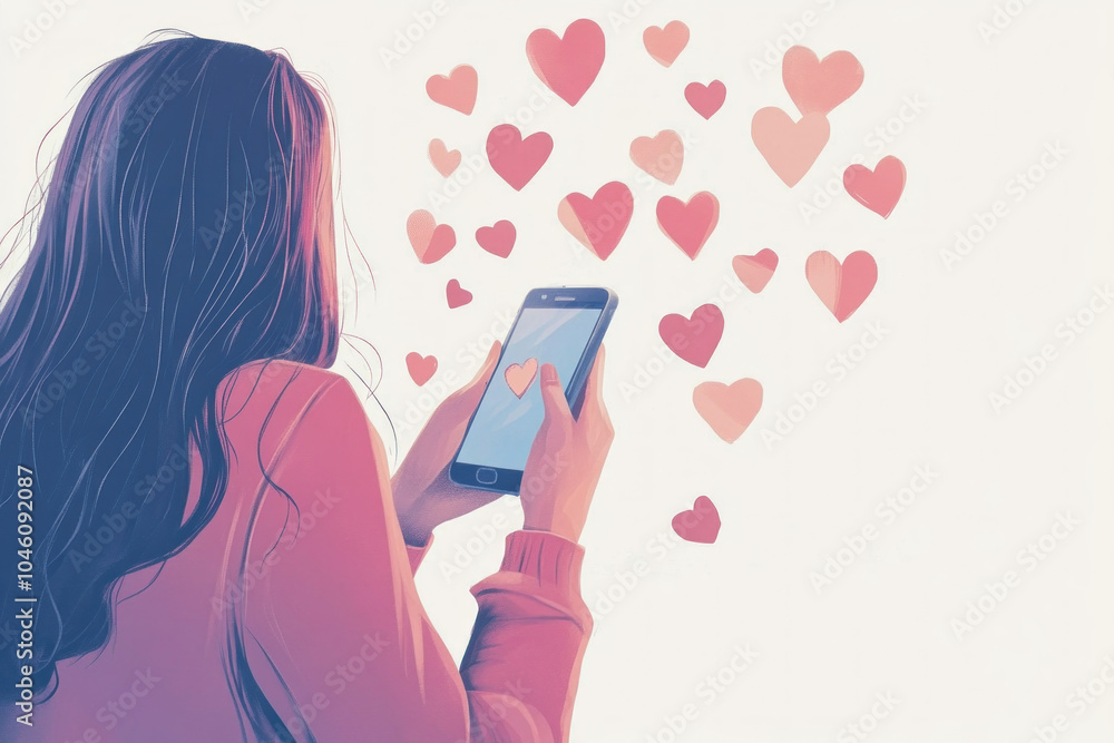 Woman enamored by phone, hearts floating out. Woman enamored by phone, hearts floating out.