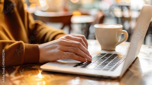 Person using a laptop in a cafe with a cup of coffee, showcasing mobile working and lifestyle