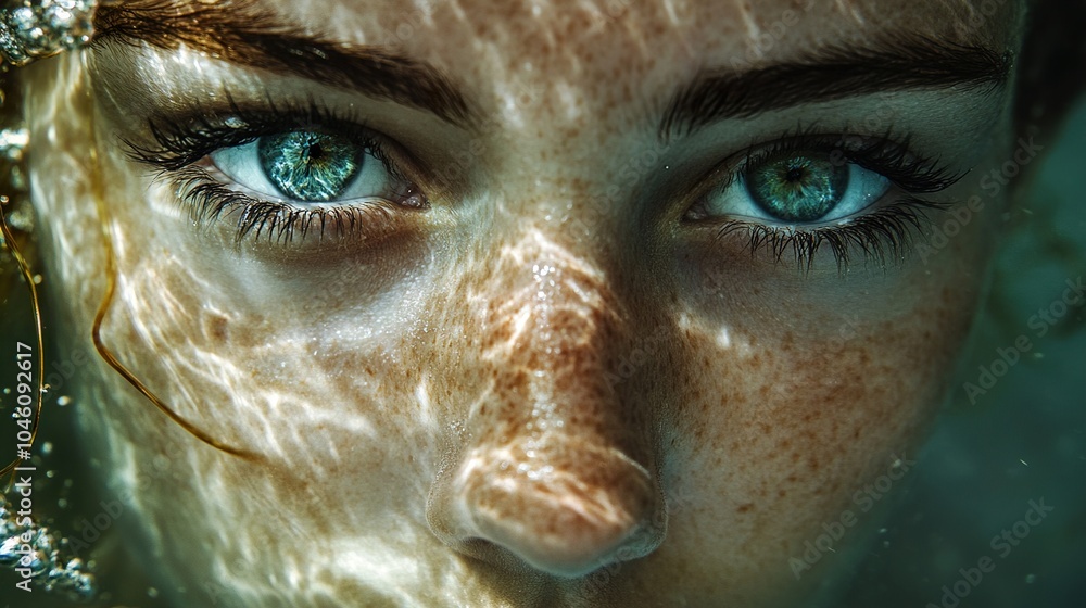 Close-Up Underwater Portrait of a Woman with Green Eyes Close-Up Underwater Portrait of a Woman with Green Eyes
