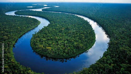 An aerial view of a river winding through the Amazon rainforest photo