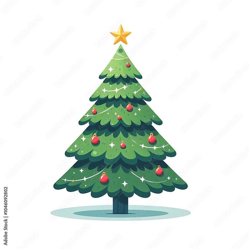 Flat, isolated illustration of a festive Christmas tree adorned with colorful ornaments, lights, and a shining star on top. The tree has a classic triangular shape and vibrant green branches. Flat, isolated illustration of a festive Christmas tree adorned with colorful ornaments, lights, and a shining star on top. The tree has a classic triangular shape and vibrant green branches.