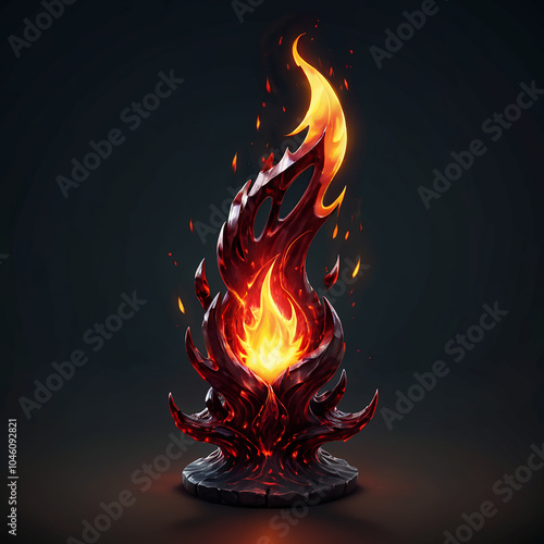 A stylized depiction of a flame altar, crafted from obsidian, emitting a fiery orange and red glow. The flame is intricate and detailed, while the altar itself is textured and textured. photo