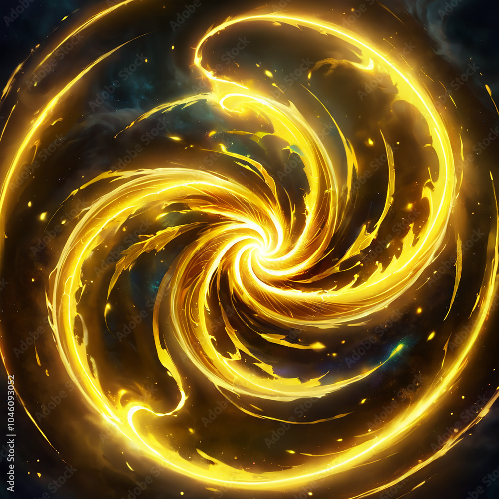 A swirling vortex of golden energy, resembling a galaxy, against a dark space background with scattered stars. A swirling vortex of golden energy, resembling a galaxy, against a dark space background with scattered stars.