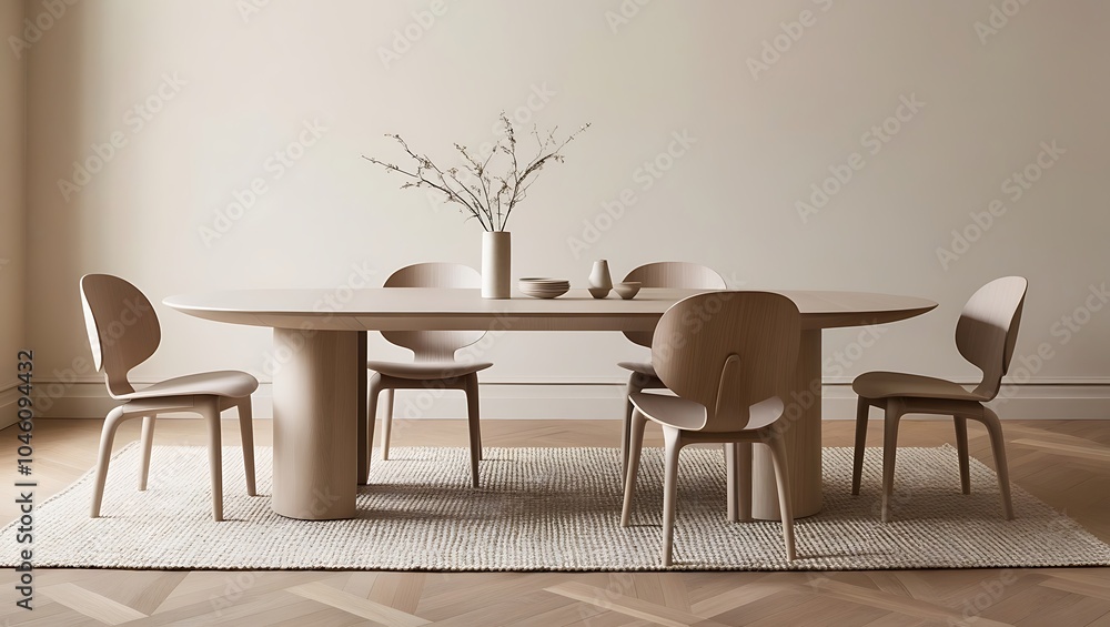 Design a minimalist dining room featuring a sleek, oval wooden table paired with matching curved wooden chairs Design a minimalist dining room featuring a sleek, oval wooden table paired with matching curved wooden chairs