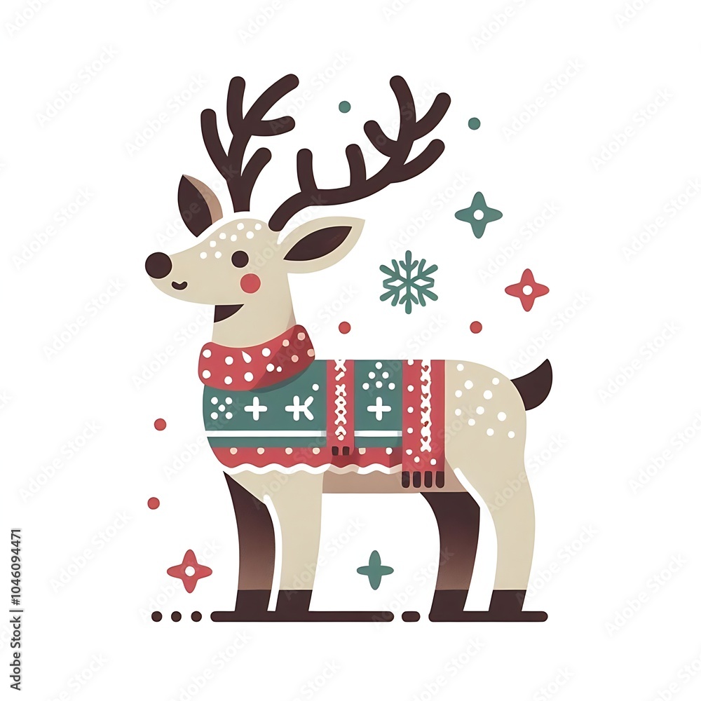 Fototapeta premium Flat, isolated illustration of a standing reindeer with large antlers. The design features smooth lines, a neutral brown color, and a simple yet elegant profile, evoking holiday themes.