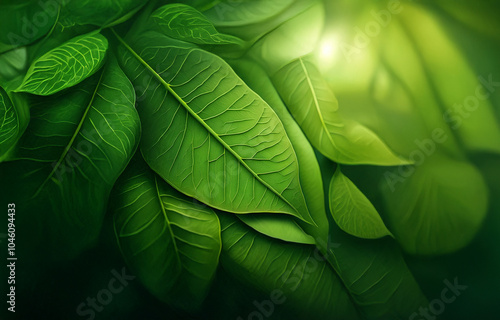 A close-up view of lush green leaves with sun shining through.