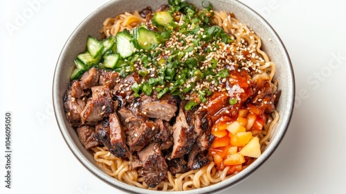 Delicious Asian Noodle Bowl with Meat and Vegetables